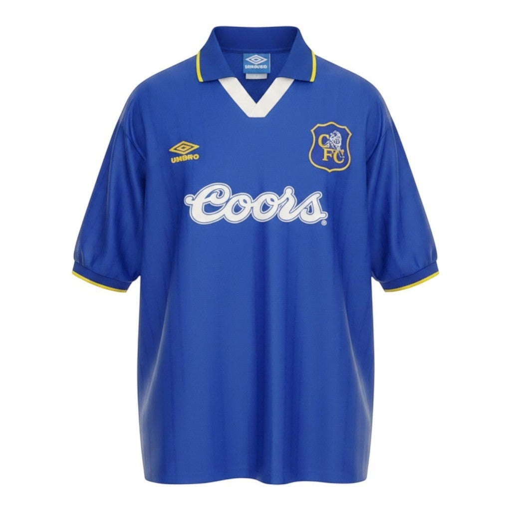 Hinchas Sportswear Store Chelsea FC retro 1994/96 home shirt. Royal blue Umbro jersey with white V-neck, yellow collar trim, and Coors sponsor.
