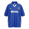 Hinchas Sportswear Store Chelsea FC retro 1994/96 home shirt. Royal blue Umbro jersey with white V-neck, yellow collar trim, and Coors sponsor.
