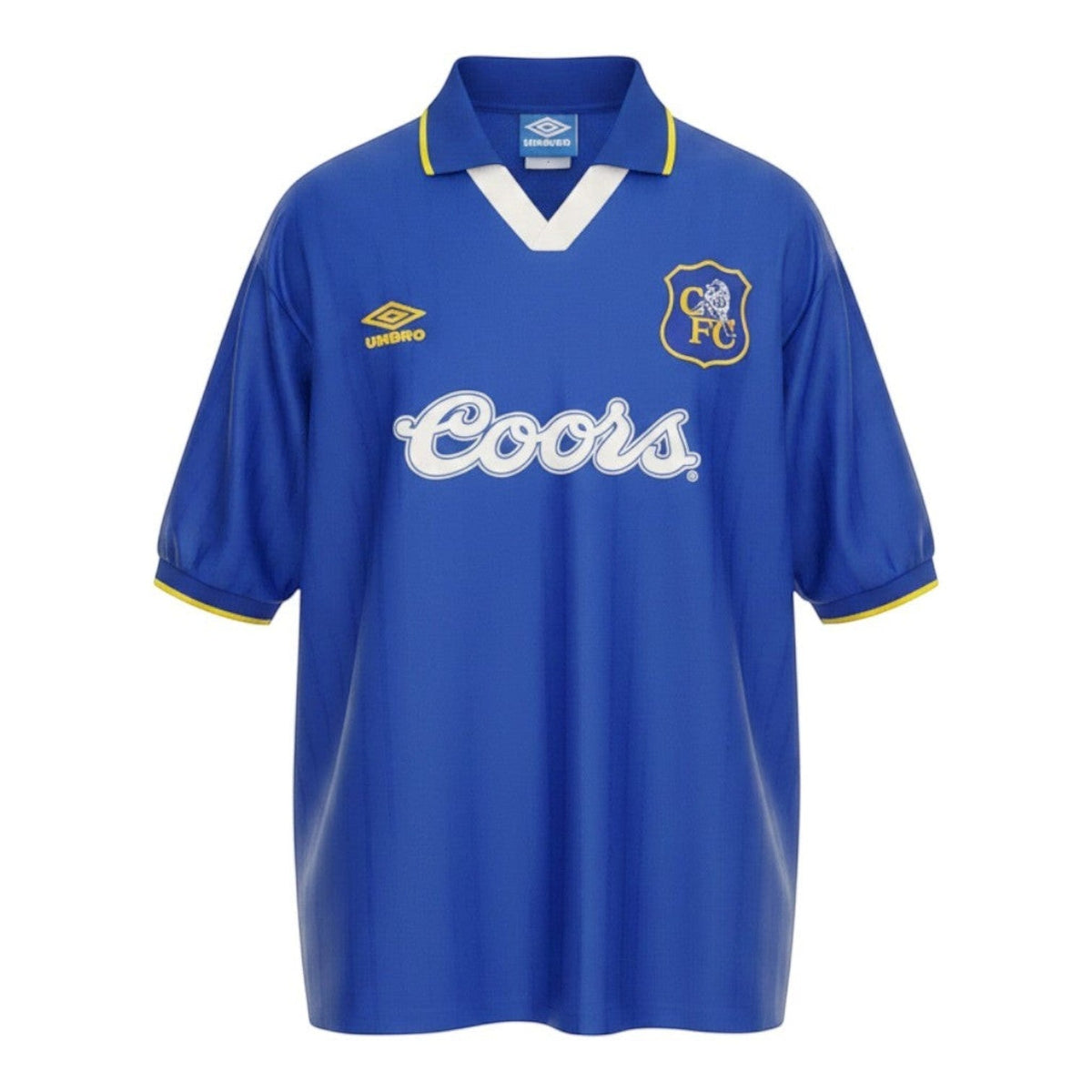 Hinchas Sportswear Store Chelsea FC retro 1994/96 home shirt. Royal blue Umbro jersey with white V-neck, yellow collar trim, and Coors sponsor.