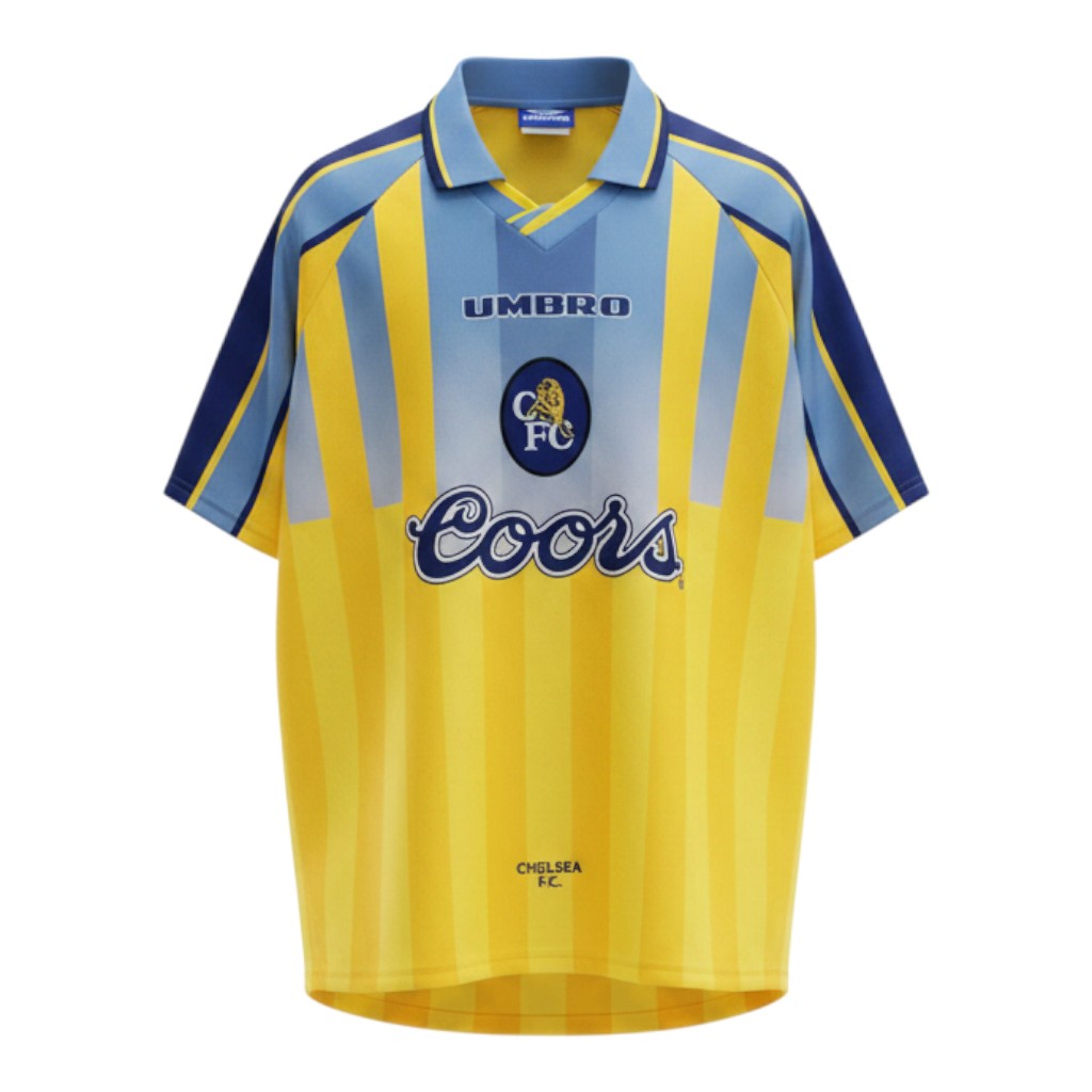 Hinchas Sportswear Store Chelsea FC 1994/96 retro away jersey. Yellow with light blue vertical stripes, navy blue sleeves and collar. Features Umbro logo and Coors sponsor.