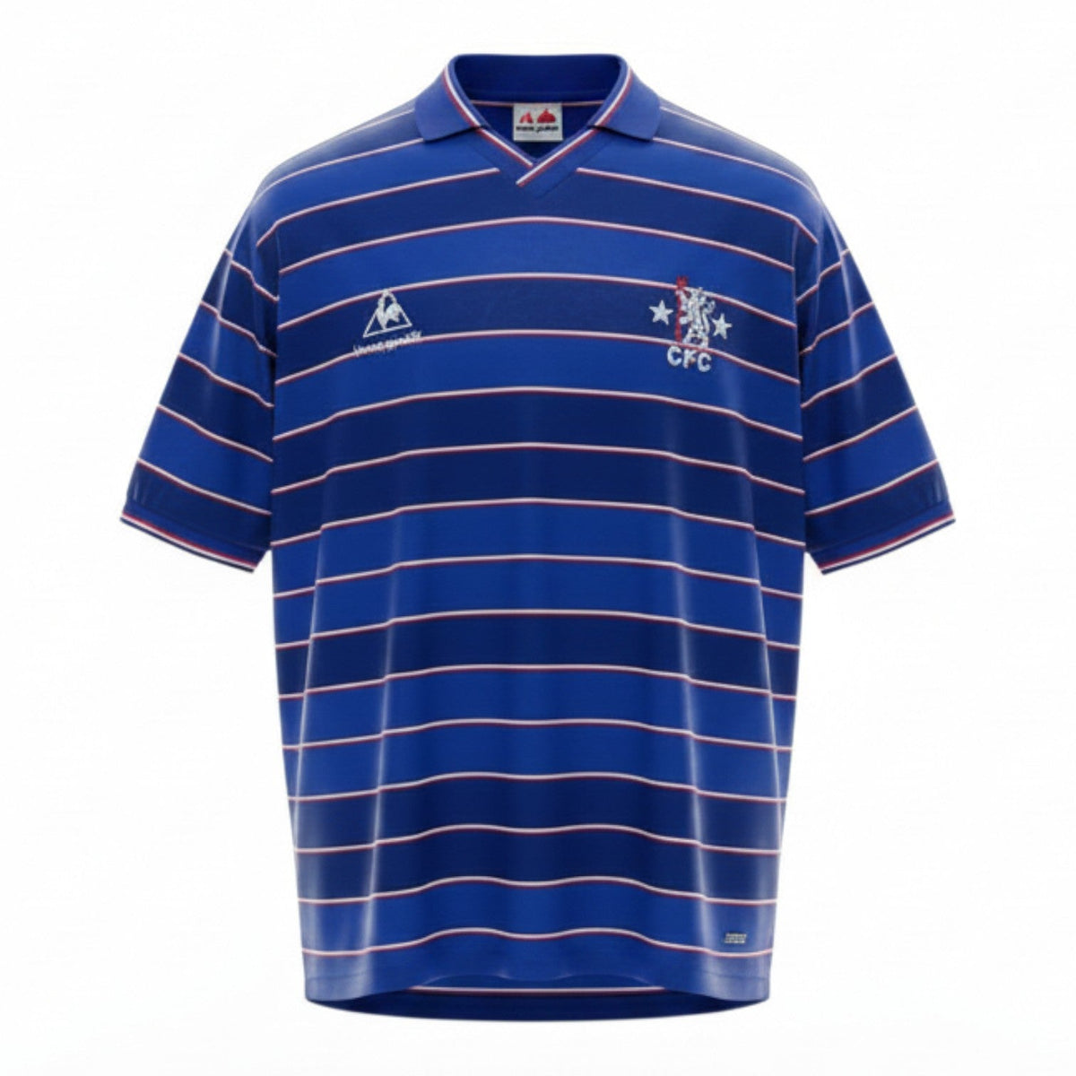 Hinchas Sportswear Store: Chelsea FC 1981/83 retro home shirt. Royal blue with white and red horizontal stripes, V-neck collar, embroidered CFC crest.