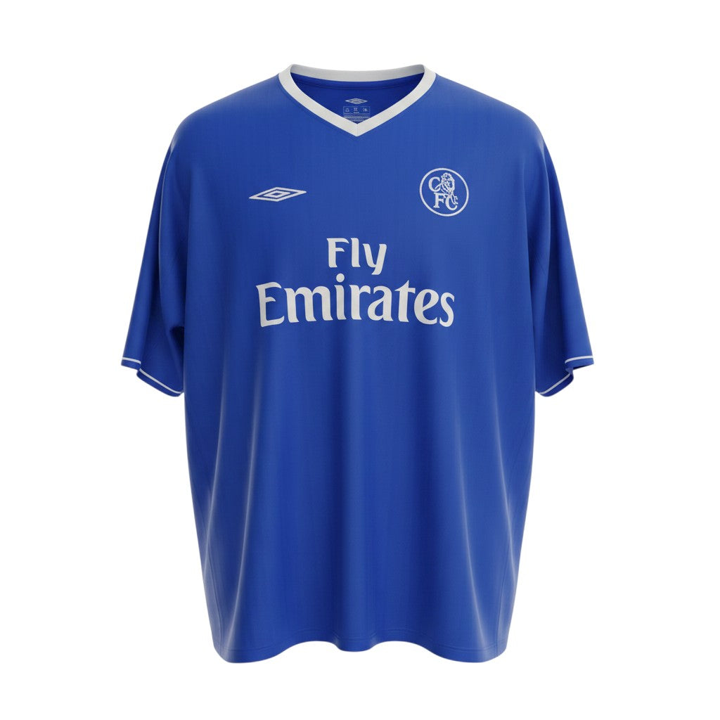 Hinchas Sportswear Store Chelsea FC retro 2003/05 home shirt, royal blue with white V-neck and sleeve trim. Features Fly Emirates sponsor and Lampard #8 on back.