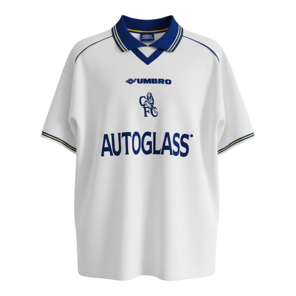 Hinchas Sportswear Store Chelsea FC 1998/00 retro away shirt. White textured fabric, royal blue polo collar with yellow trim, Autoglass sponsor.