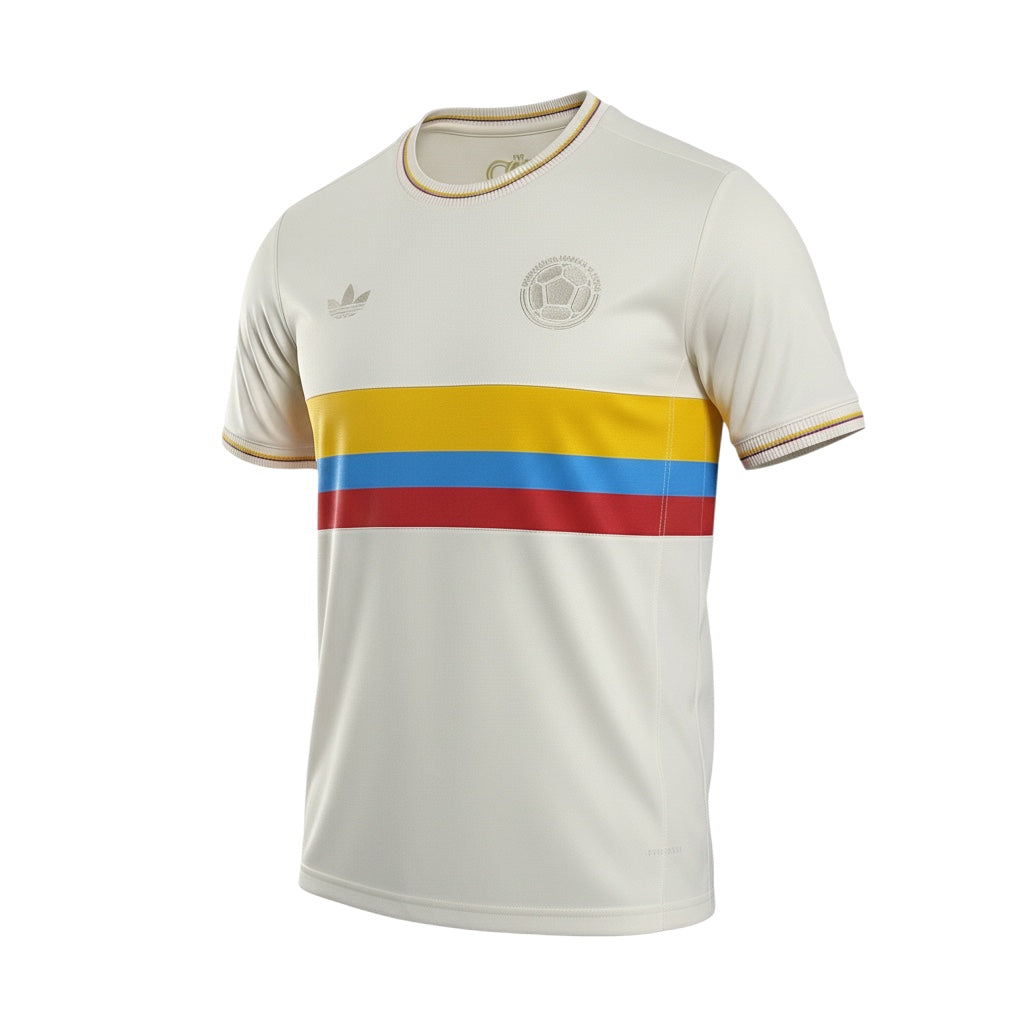 Hinchas Sportswear Store Colombia 100 Years Special Edition Jersey. Off-white, short-sleeve football jersey with yellow, blue, and red stripes across the chest. Features Adidas Originals logo and anniversary crest.