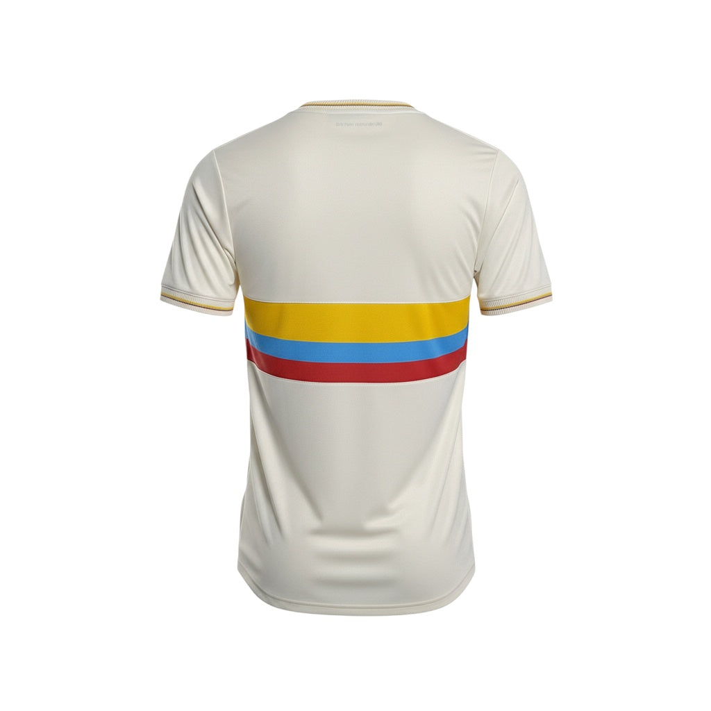 Hinchas Sportswear Store Colombia 100 Years Special Edition Jersey, off-white with yellow, blue, and red chest stripes.