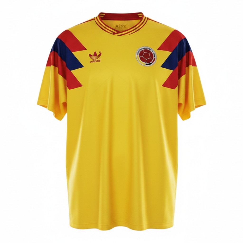 Hinchas Sportswear Store Colombia 1990 Adidas Originals yellow football jersey with red and blue lightning bolt shoulder panels and tricolor collar.