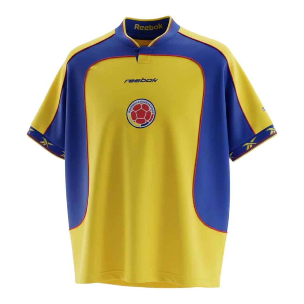 Hinchas Sportswear Store Colombia 2001 yellow & blue Reebok football jersey with blue panels and collar.