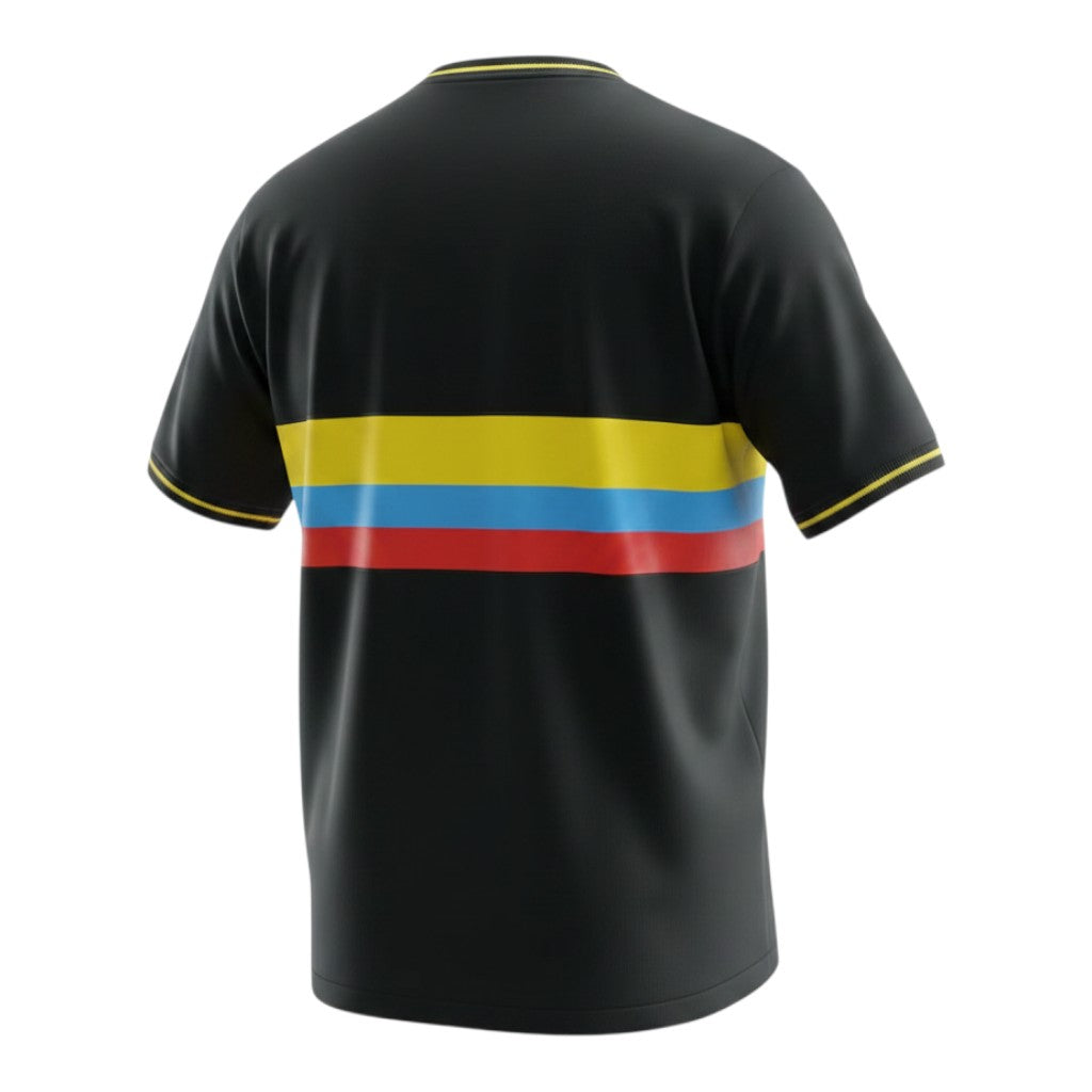 Hinchas Sportswear Store black Colombia Adidas Originals jersey with yellow, blue, and red horizontal stripe and neon yellow trim.