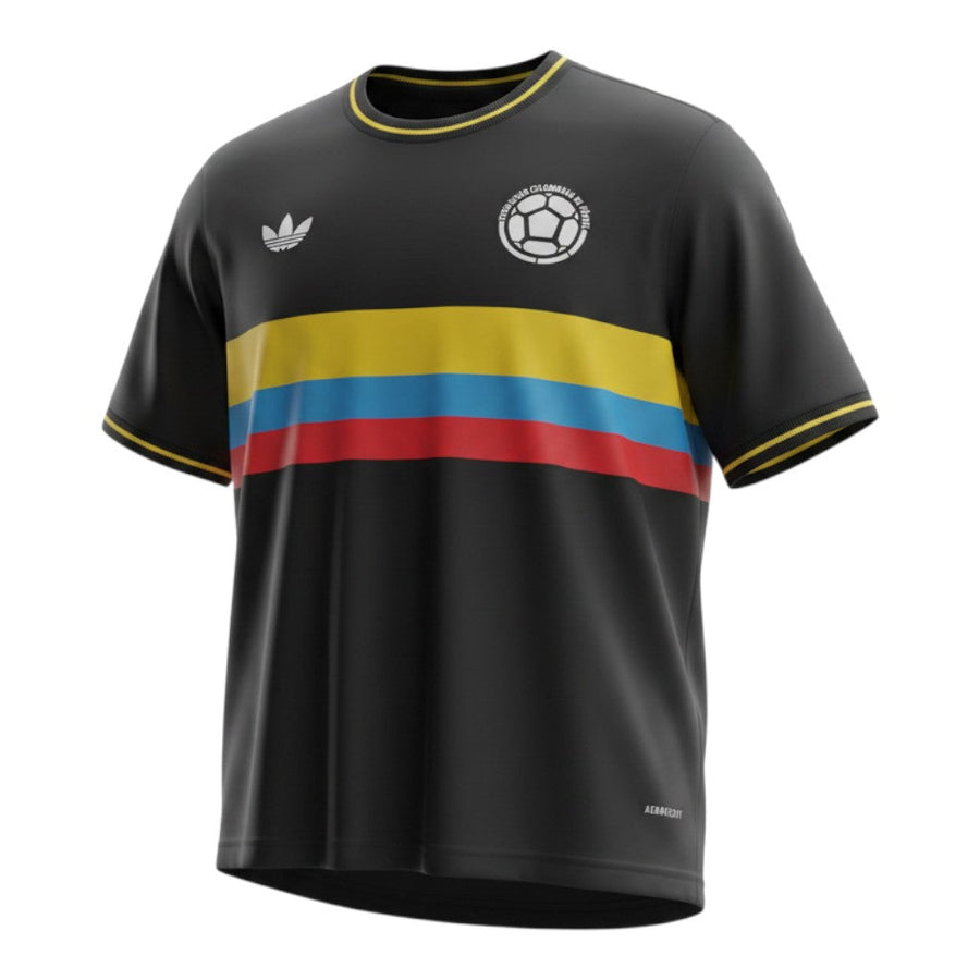 Hinchas Sportswear Store black Colombia x Adidas Originals jersey with yellow, blue, and red chest stripe and neon yellow trim.