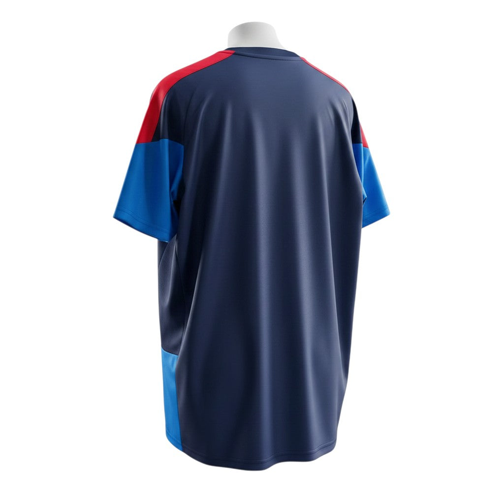 Hinchas Sportswear Store navy Colombia training jersey with blue sleeves and red accents. Features Climacool technology.