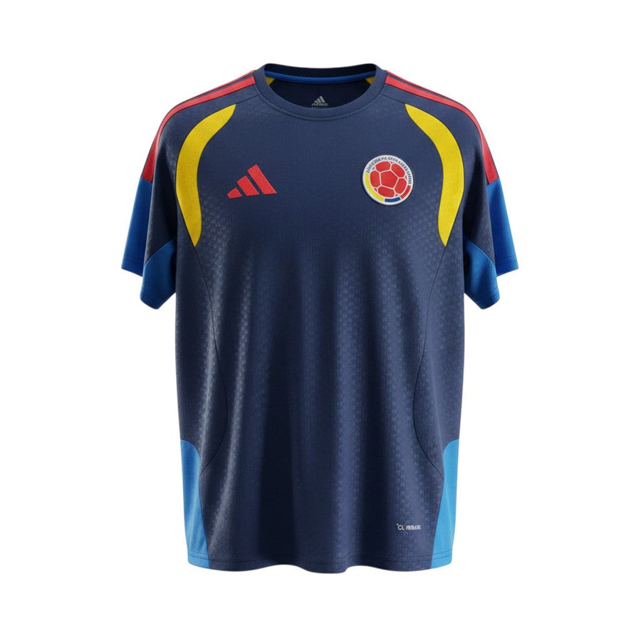 Hinchas Sportswear Store navy Colombia training jersey with blue sleeves, yellow accents, red stripes, and FCF crest. Adidas Climacool.