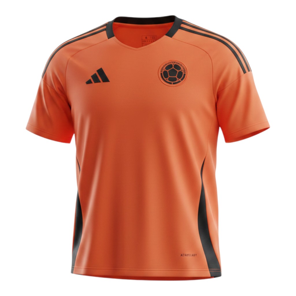 Hinchas Sportswear Store Colombia training jersey 2025 in vibrant orange with black accents, crew neck, and Adidas branding.