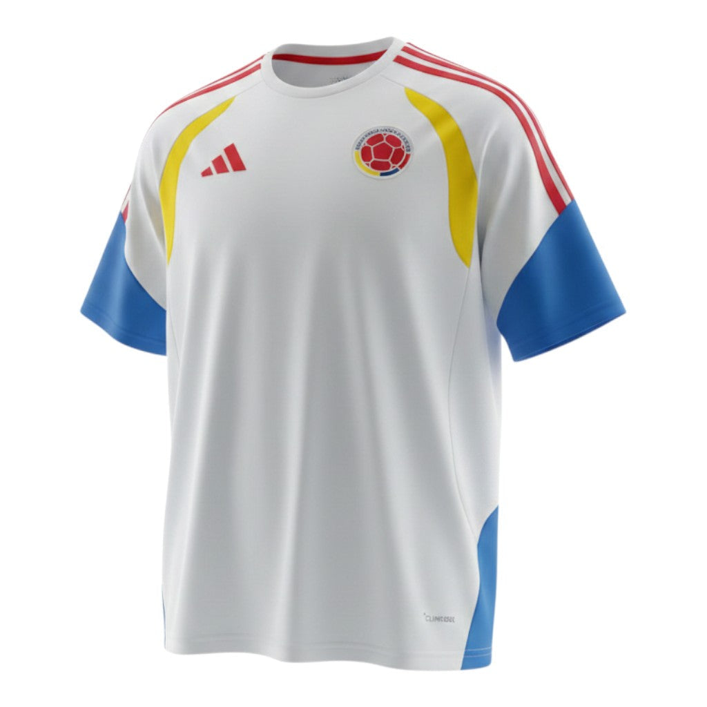 Hinchas Sportswear Store white Colombia training jersey with blue sleeves, red Adidas stripes, yellow accents, and FCF crest. Climacool technology.