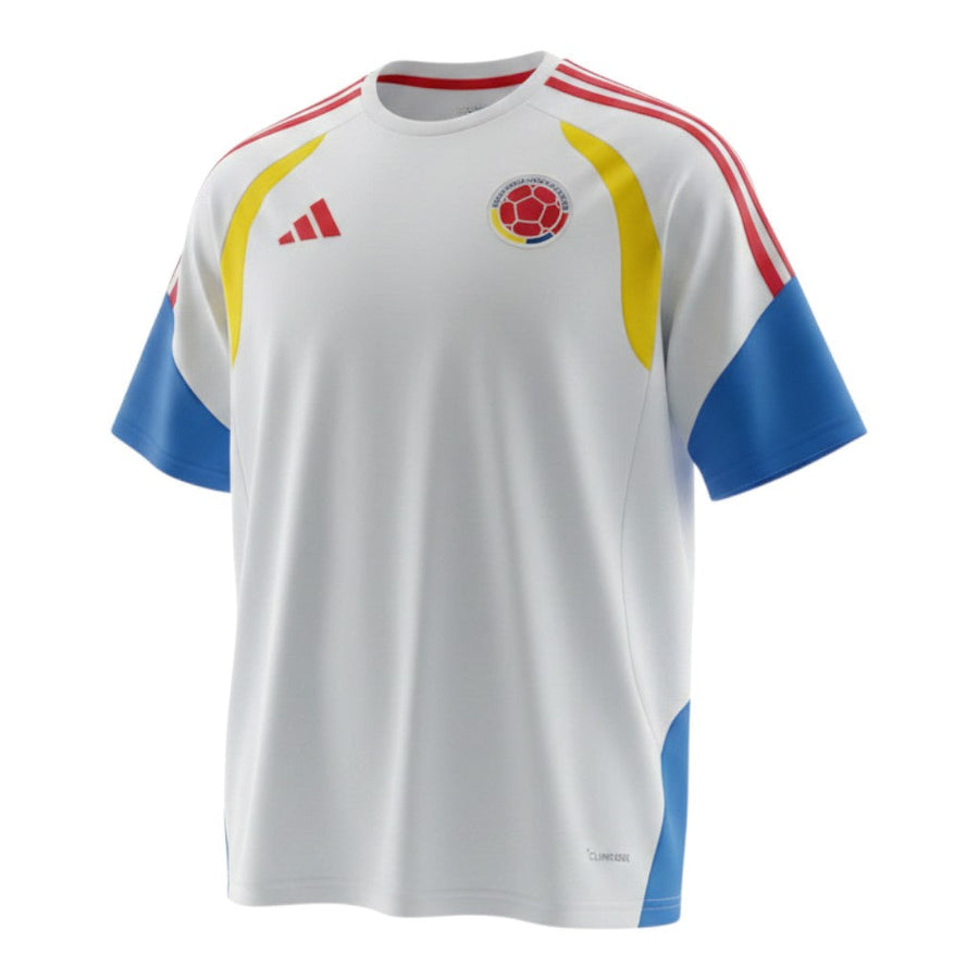 Hinchas Sportswear Store white Colombia training jersey with blue sleeves, red Adidas stripes, yellow accents, and FCF crest. Climacool technology.