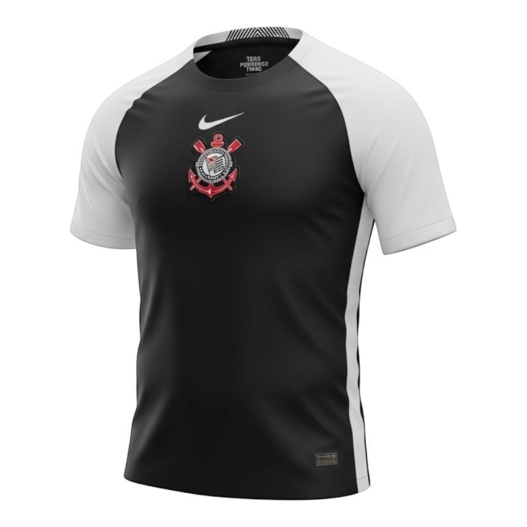 Hinchas Sportswear Store: Nike Corinthians 2025/26 away jersey, black with white raglan sleeves, embroidered crest, Dri-FIT fabric.