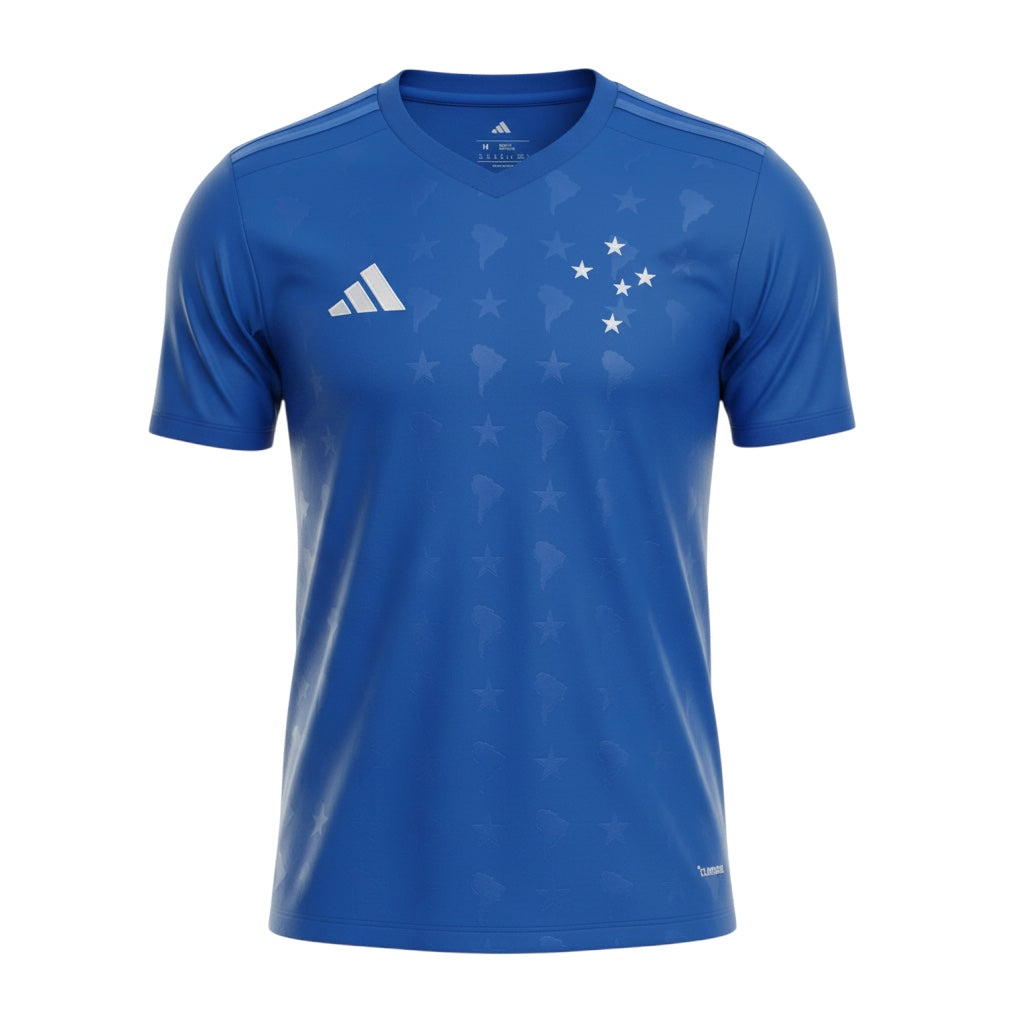 Hinchas Sportswear Store Cruzeiro 2025/26 royal blue football jersey with subtle map and star pattern, V-neck, short sleeves.