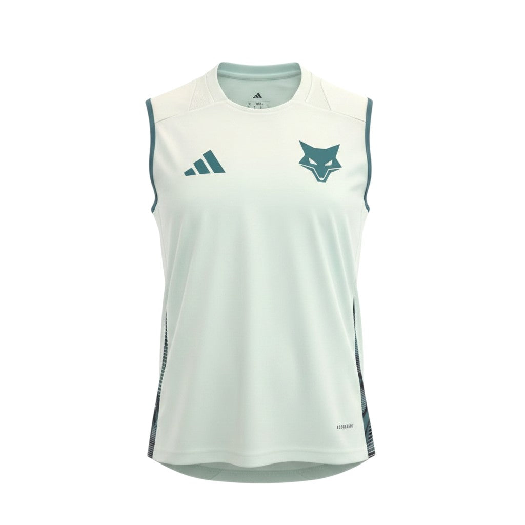 Hinchas Sportswear Store white sleeveless training jersey with teal accents and Cruzeiro fox crest. AEROREADY technology.