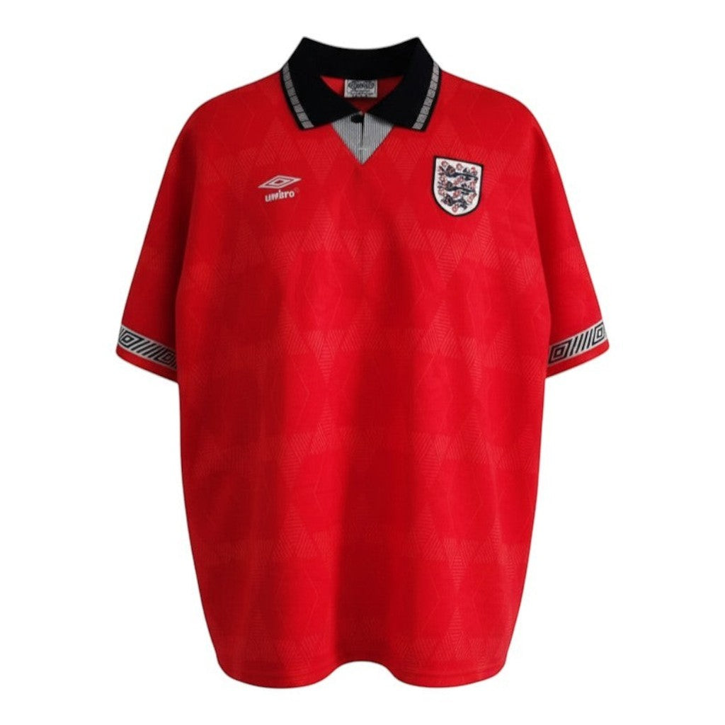 Hinchas Sportswear Store England 1990 World Cup retro red Umbro football jersey with black collar and sleeve trim.