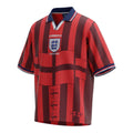 Hinchas Sportswear Store England 1998 away retro jersey, red and dark maroon striped shirt with navy V-collar and embroidered Three Lions crest.