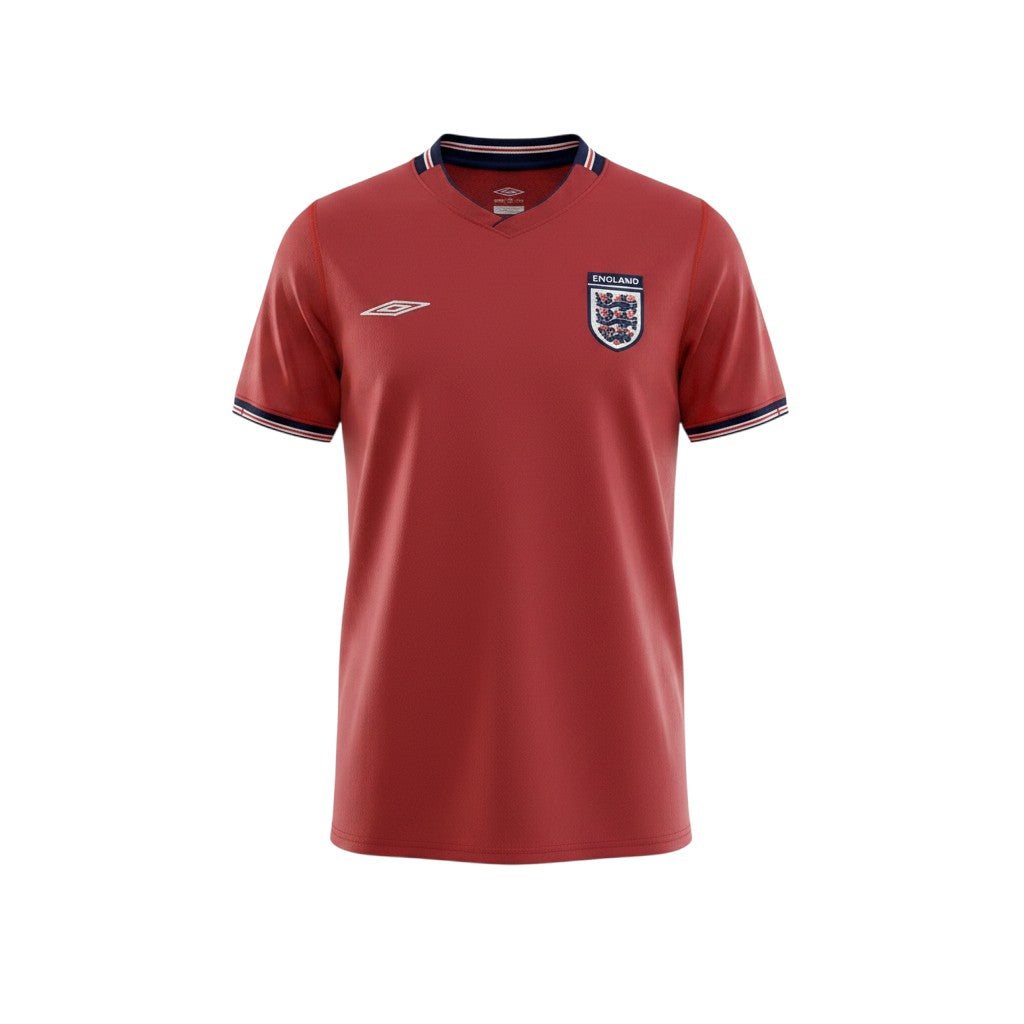 Hinchas Sportswear Store England 2002 Away Retro Jersey, deep red, V-neck with navy, white, red trim, Umbro logo, embroidered Three Lions crest.