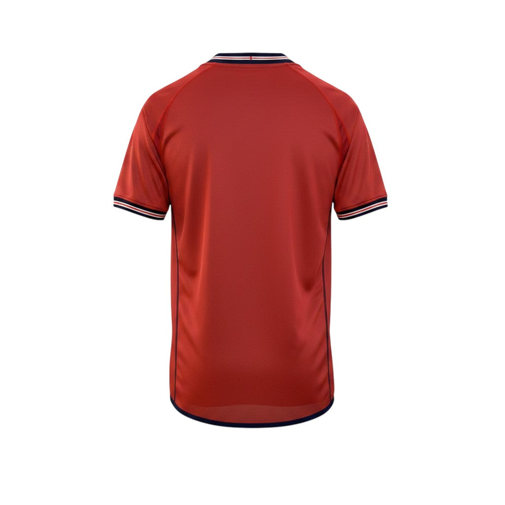 Hinchas Sportswear Store England 2002 retro away jersey, deep red with navy trim V-neck collar and cuffs. Short sleeves.