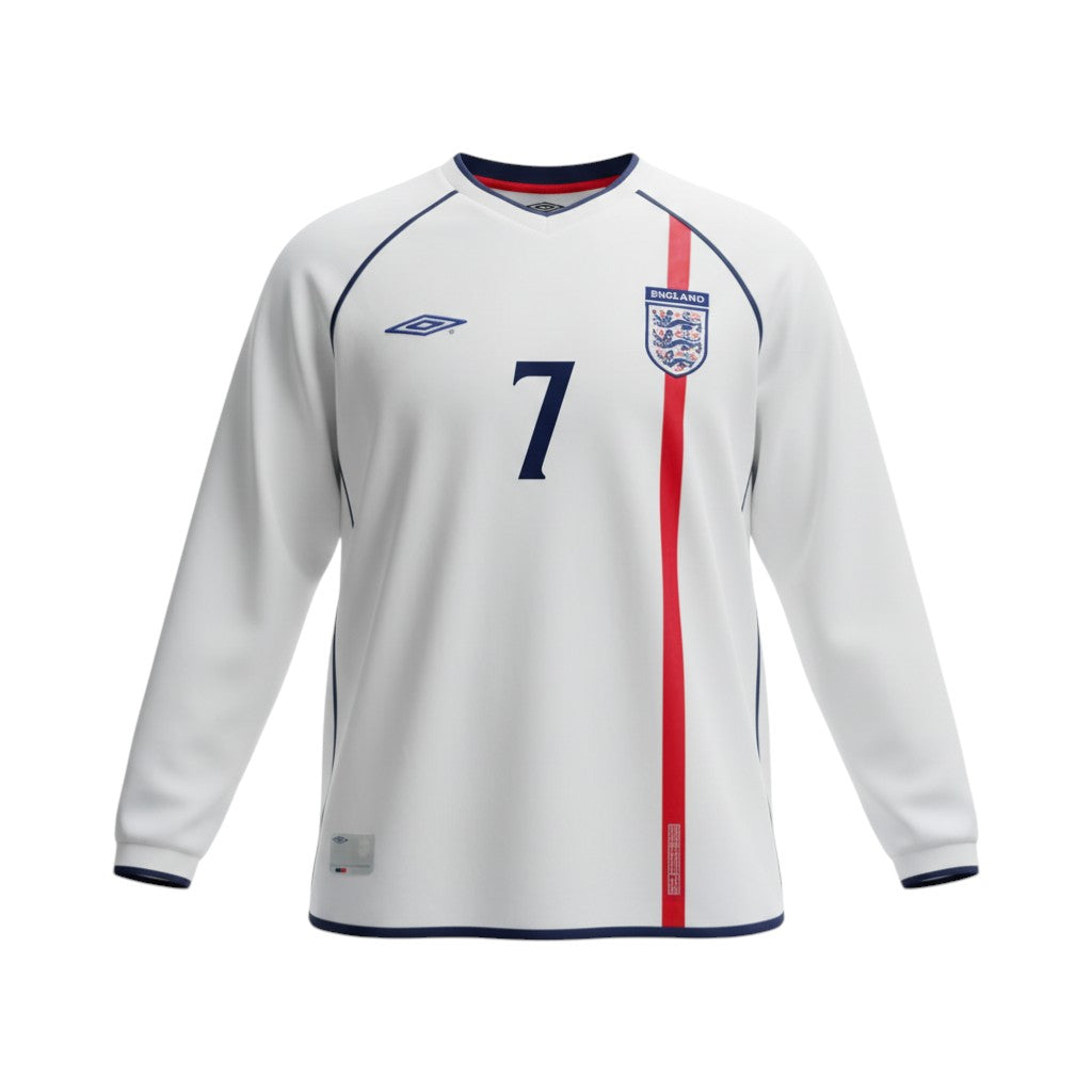 Hinchas Sportswear Store England 2001-02 long sleeve white football jersey with navy trim and red stripe, featuring Beckham #7.