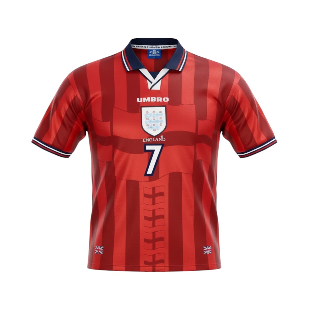 Hinchas Sportswear Store red England 1997-99 away jersey with navy collar and white trim, featuring the Three Lions crest and Beckham's number 7.