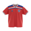 Hinchas Sportswear Store England retro 1980 away jersey, red with blue and white yoke, v-neck, and sleeve cuffs.