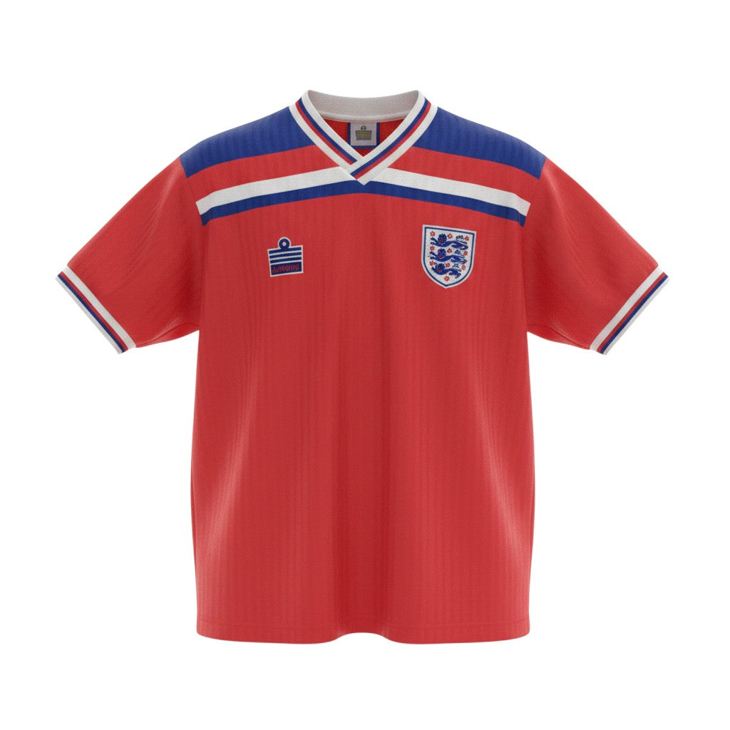 Hinchas Sportswear Store England retro 1980 away jersey, red with blue and white yoke, v-neck, and sleeve cuffs.