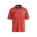Hinchas Sportswear Store England 1990 retro red away jersey with navy polo collar and geometric patterns.