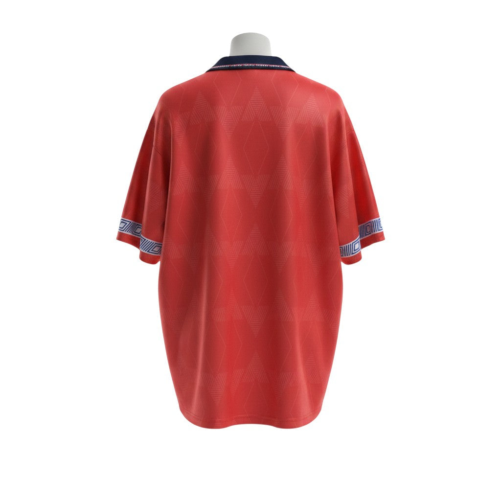 Hinchas Sportswear Store England 1990 retro red away jersey with navy polo collar and geometric cuff patterns.