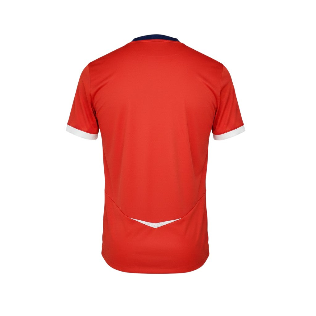 Camiseta retro de visitante de Inglaterra 2008 de Hinchas Sportswear Store, roja con detalles en azul marino y blanco, con gráfico de plumas en relieve.