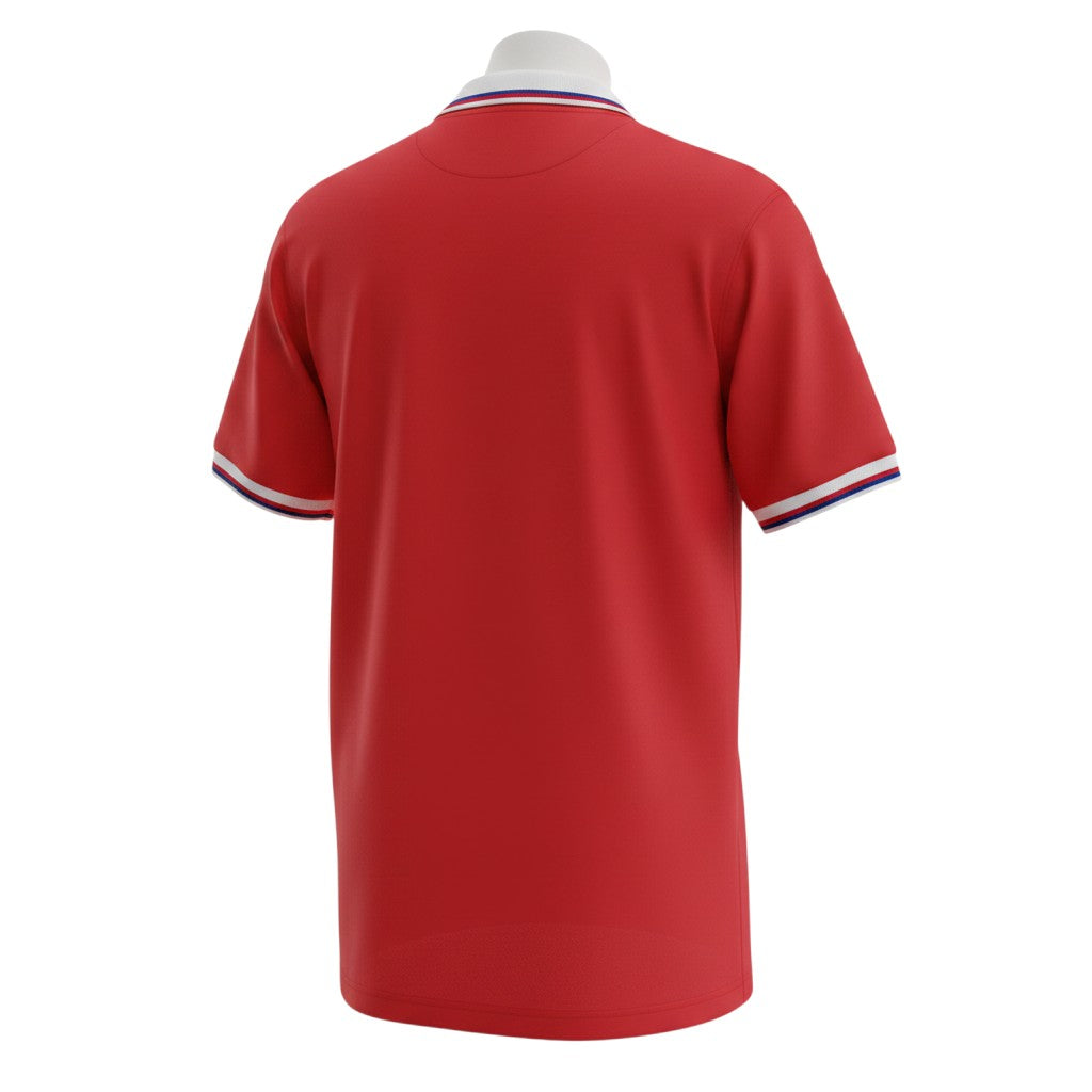 Hinchas Sportswear Store England retro 1980 away jersey, red with blue and white trim on collar and sleeves.