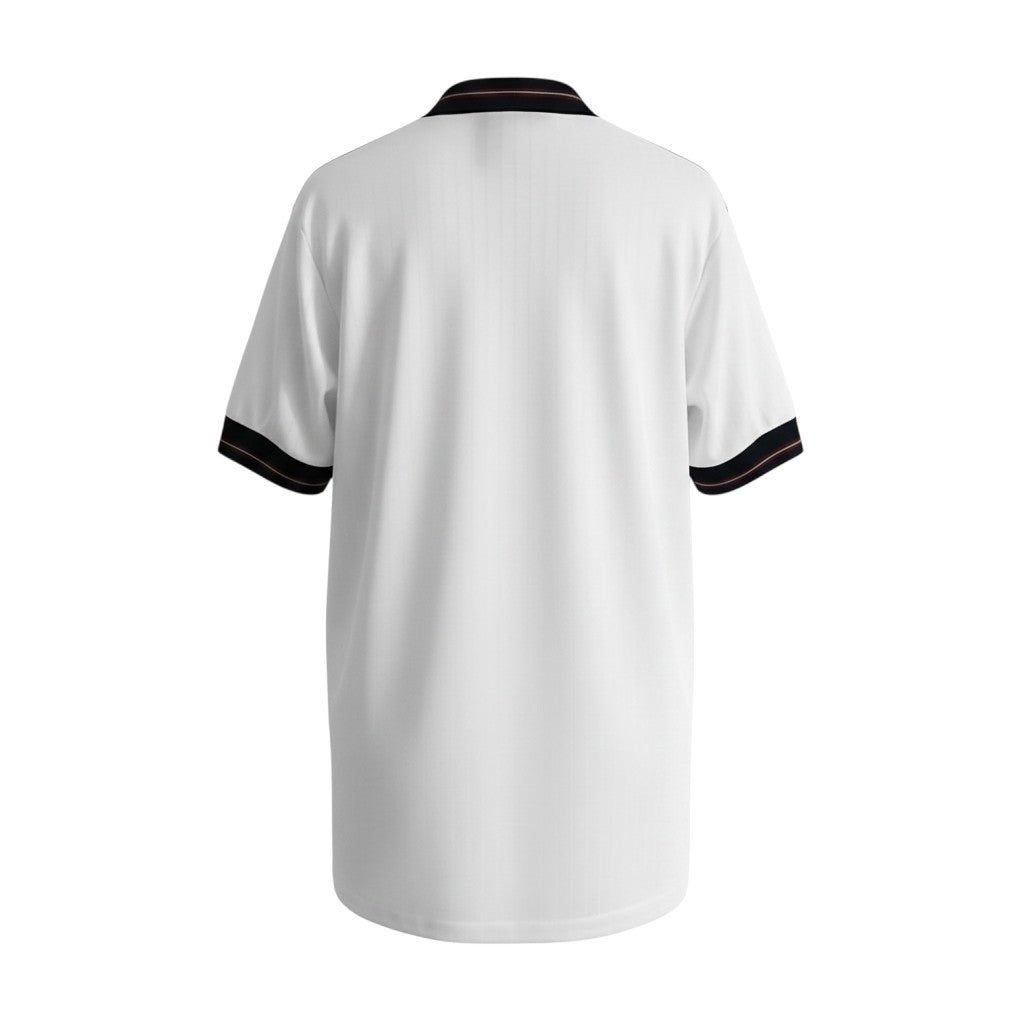 Hinchas Sportswear Store retro England 1984 Umbro football jersey, white with black v-neck collar trimmed in red and black cuffs with red pinstripe.