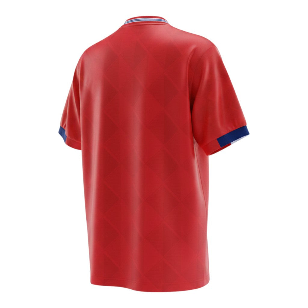 Hinchas Sportswear Store England 1989 retro away jersey in red with diamond jacquard pattern, striped collar, and navy/white cuffs.