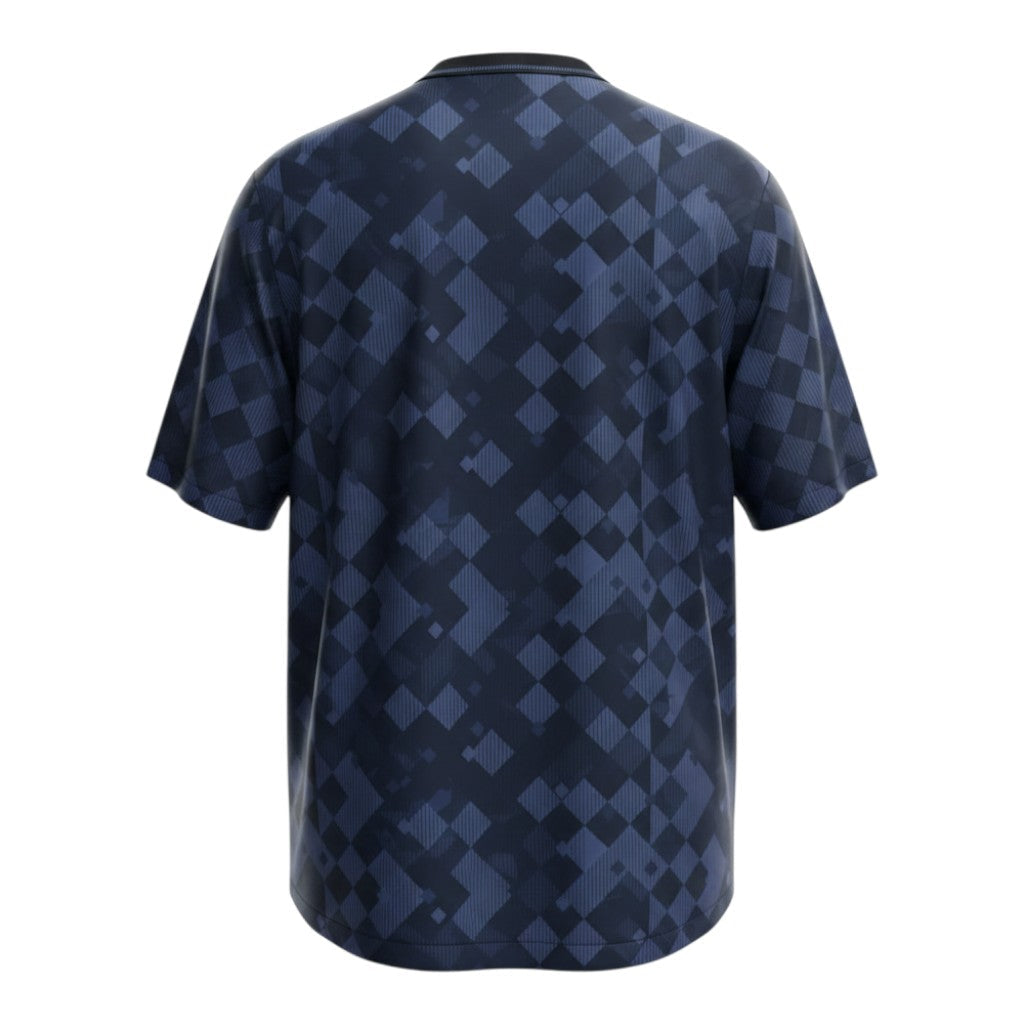 Hinchas Sportswear Store England retro 1990 blackout jersey with geometric diamond pattern in navy and dark blue, polo collar.