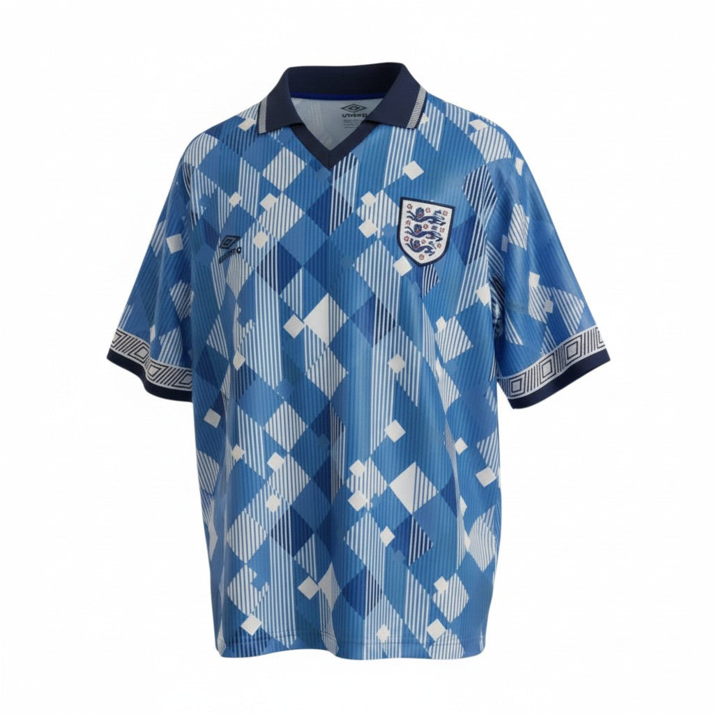 Hinchas Sportswear Store England retro 1990 Italia third jersey in sky blue and royal blue with a geometric jacquard pattern and navy collar.