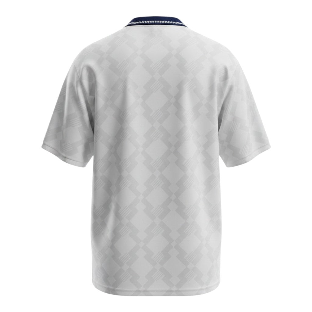 Hinchas Sportswear Store England 1990 retro home jersey, white with all-over tonal geometric pattern, navy collar, and Greek key cuffs.