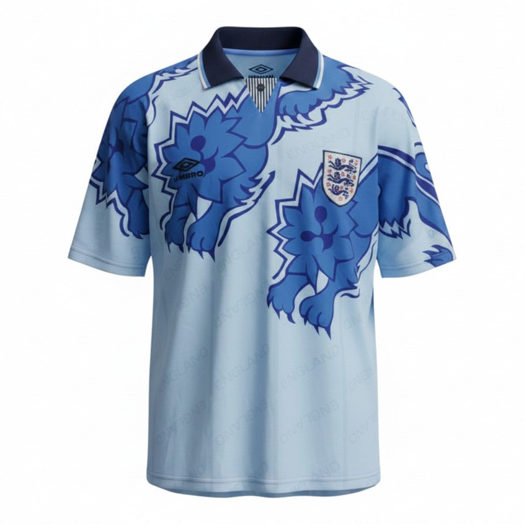 Hinchas Sportswear Store England retro 1992 away jersey in powder blue with all-over royal blue rampant lion graphic and navy polo collar.