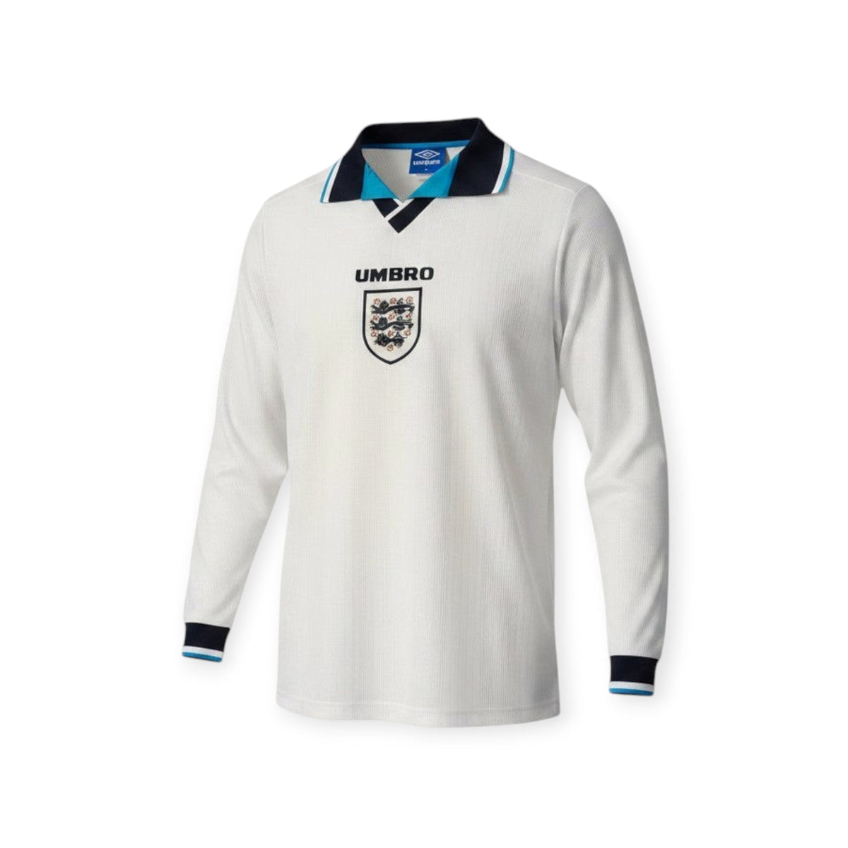 Hinchas Sportswear Store - Camiseta retro de manga larga de Inglaterra 1994, blanca con cuello en V azul marino y ribetes, y escudo del equipo.