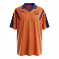 Hinchas Sportswear Store FC Barcelona 1992 retro orange Meyba jersey with blue collar and geometric sleeve panels.