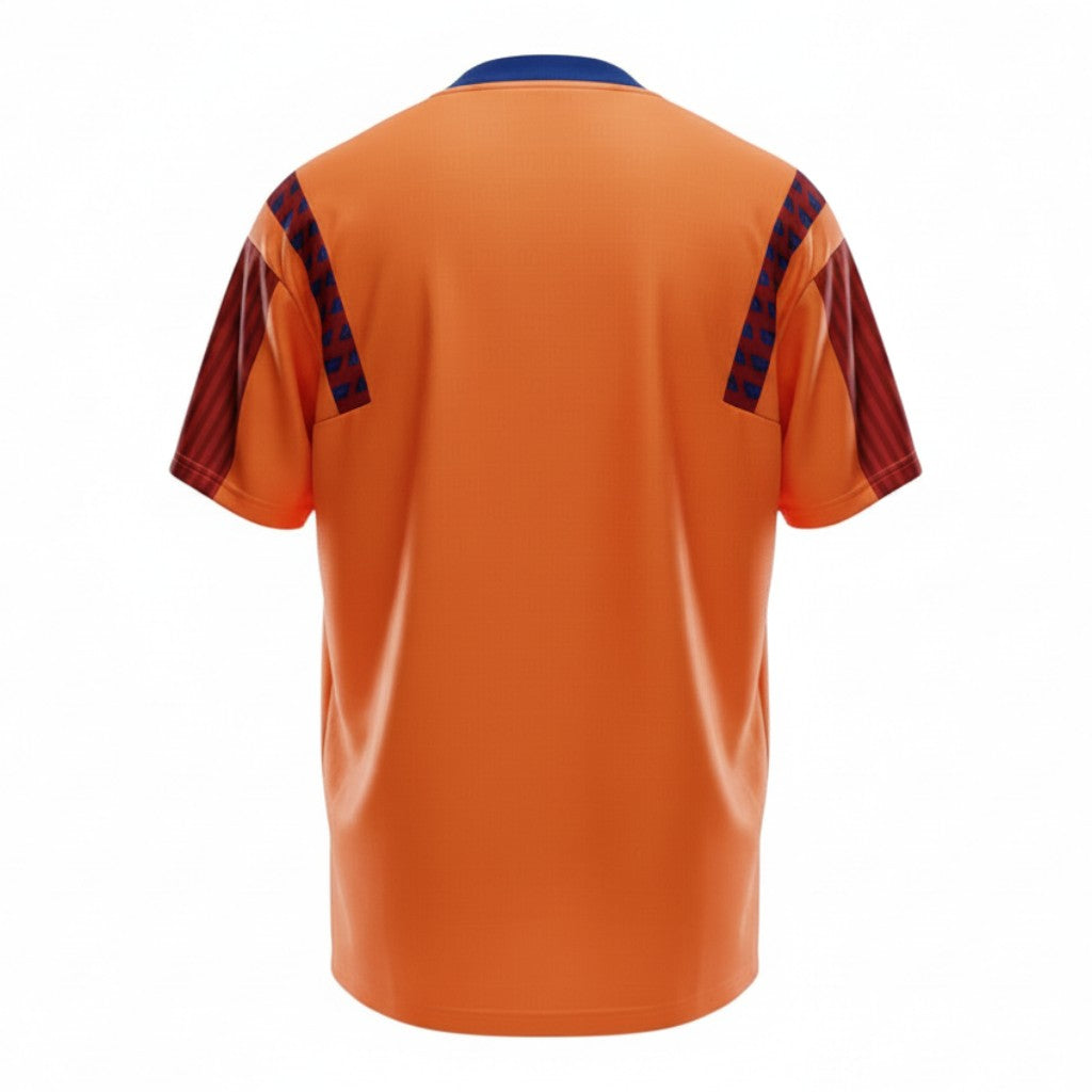 Hinchas Sportswear Store FC Barcelona 1992 retro orange jersey with blue V-neck and geometric sleeve panels.
