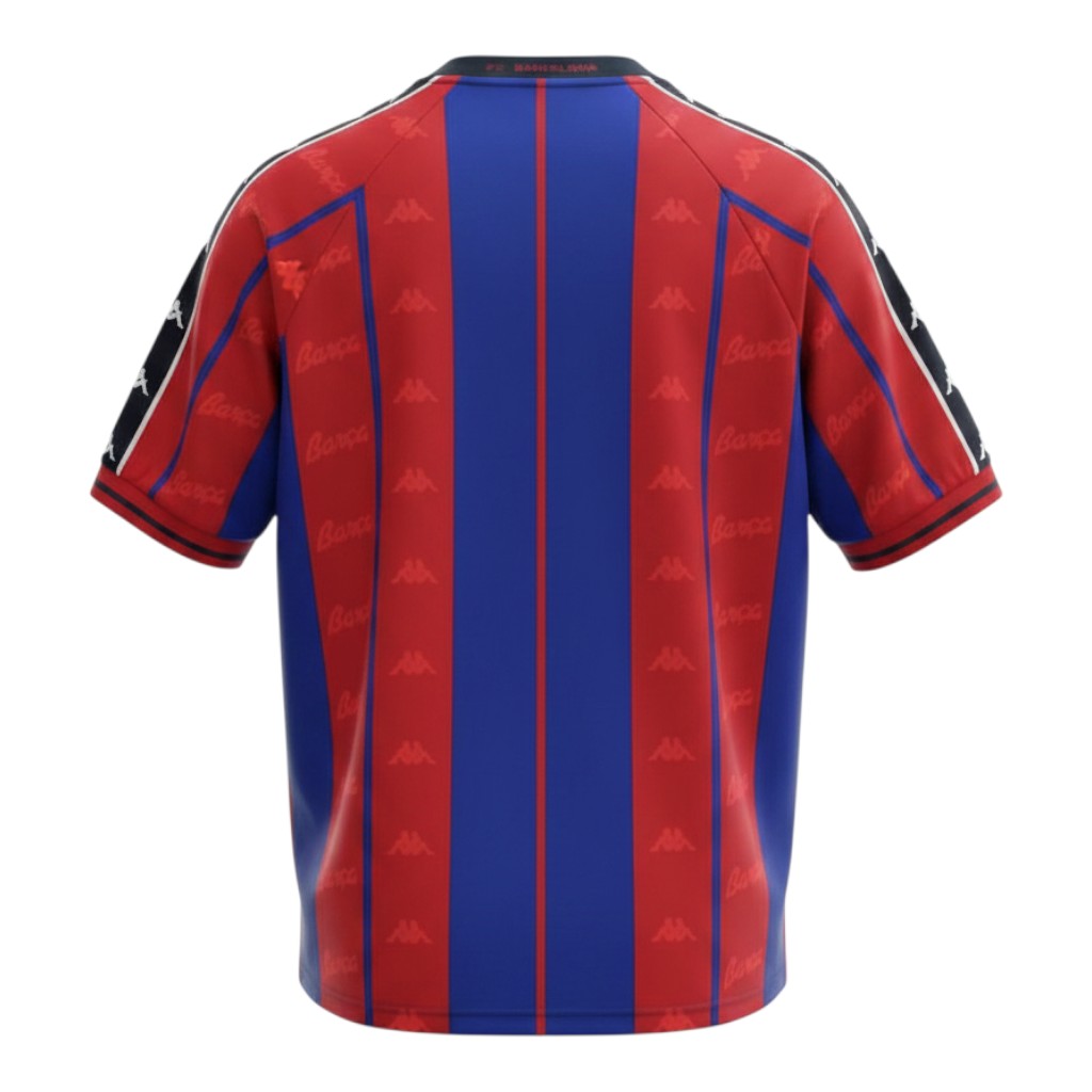 Hinchas Sportswear Store FC Barcelona 1997-98 retro home jersey. Red and blue vertical stripes, jacquard 'Barça' watermark, Kappa shoulder tape.