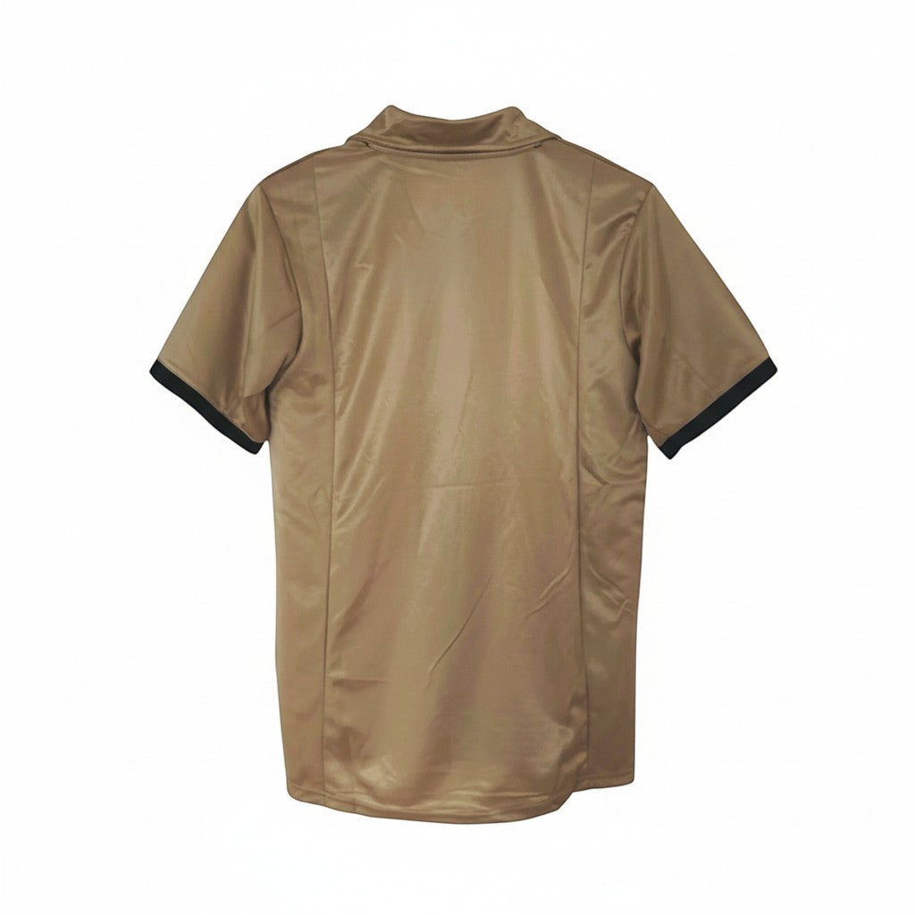 Hinchas Sportswear Store retro FC Barcelona 2001-02 away jersey in gold with black trim and navy/red stripe detail.