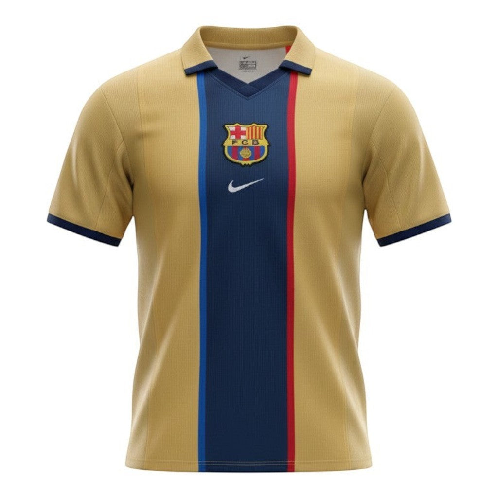 Hinchas Sportswear Store FC Barcelona 2001/02 retro gold away jersey with navy center panel and Blaugrana stripes.