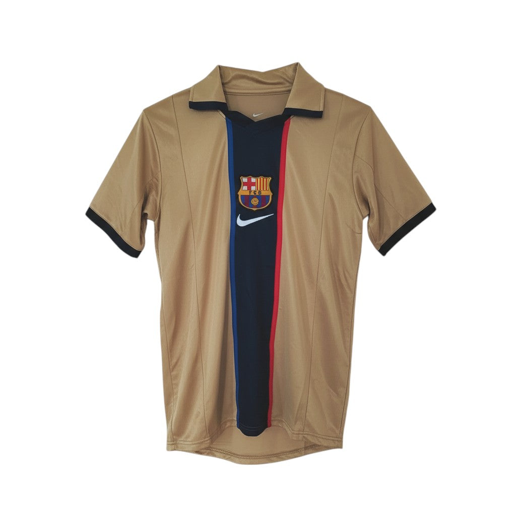 Hinchas Sportswear Store FC Barcelona 2001-02 retro gold away jersey with navy and red central stripe and black trim.