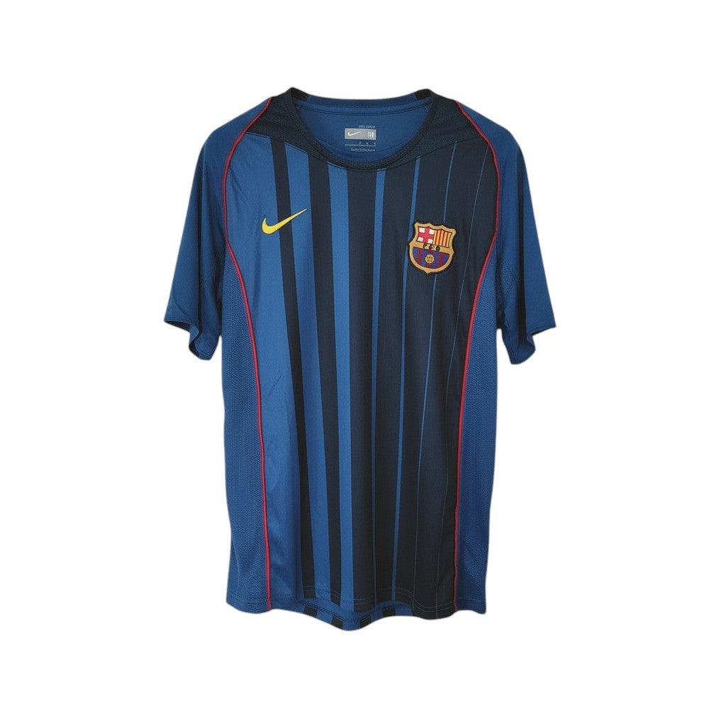 Hinchas Sportswear Store FC Barcelona 2004-05 retro away jersey, navy blue with black vertical stripes and red piping.