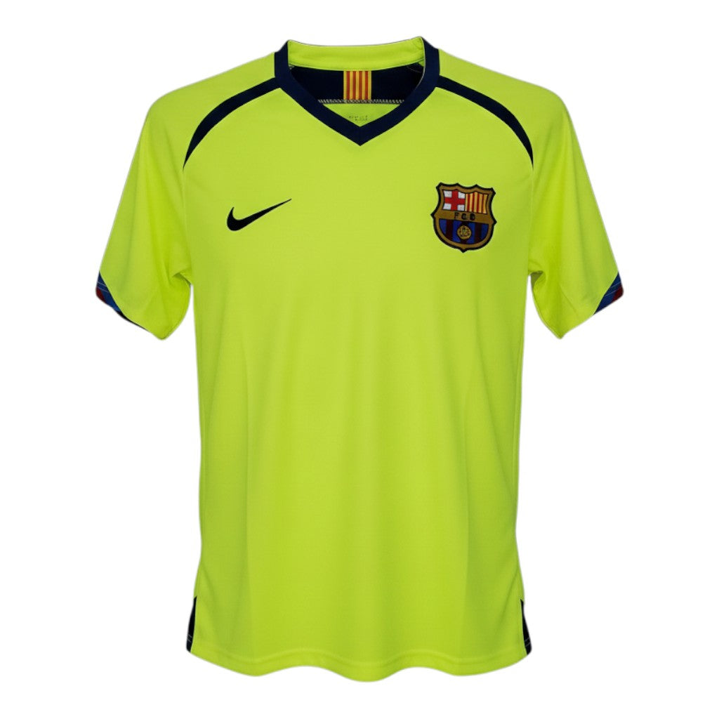 Hinchas Sportswear Store retro FC Barcelona 2005 away jersey, fluorescent yellow-green with navy blue accents and Catalan flag detail on collar.