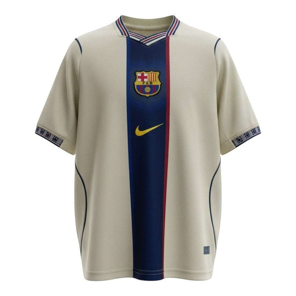 Hinchas Sportswear Store FC Barcelona retro away jersey, sage green with navy and red center panel, gold Nike swoosh, and FCB crest. Striped V-neck collar.