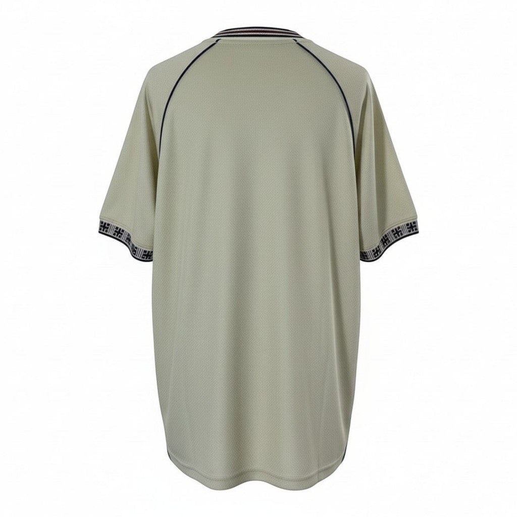Hinchas Sportswear Store FC Barcelona retro away jersey, sage green with navy trim and striped cuffs.